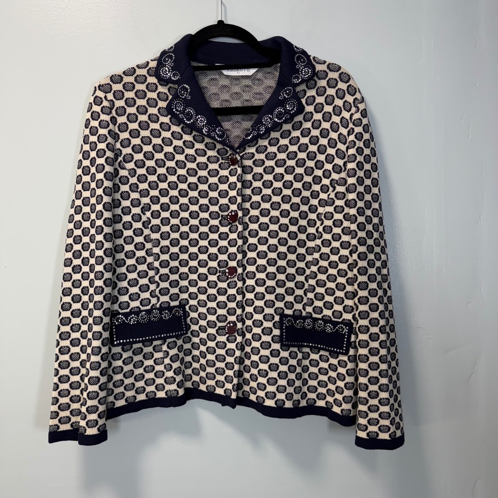 Trieste Navy Cream Geometric Knit Embellished Cardigan Jacket T1J7011 Size 95